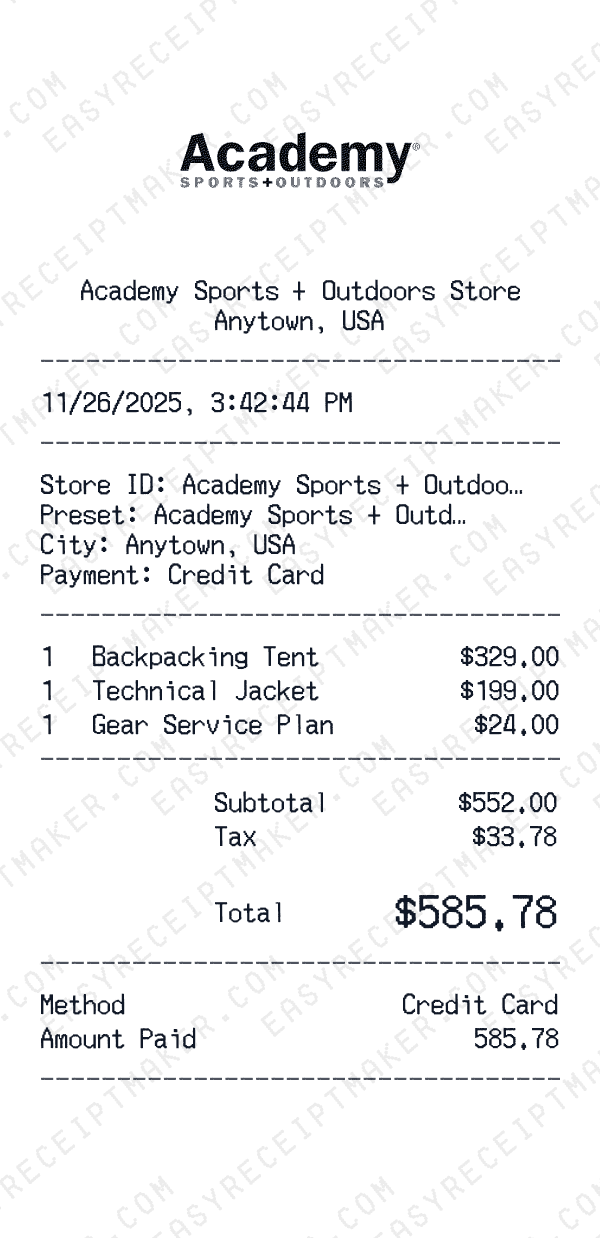 Academy Sports + Outdoors receipt preview