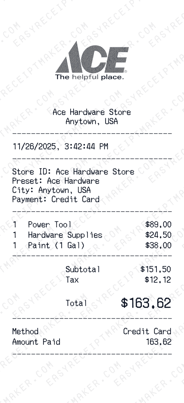 Ace Hardware receipt preview