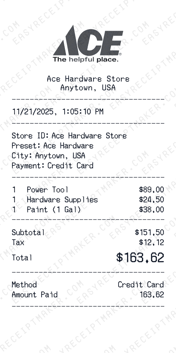 Ace Hardware receipt preview