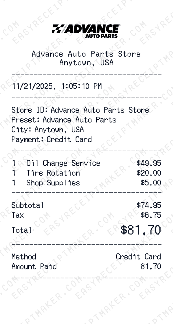 Advance Auto Parts receipt preview