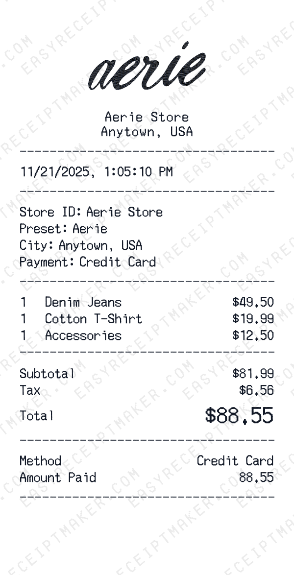 Aerie receipt preview