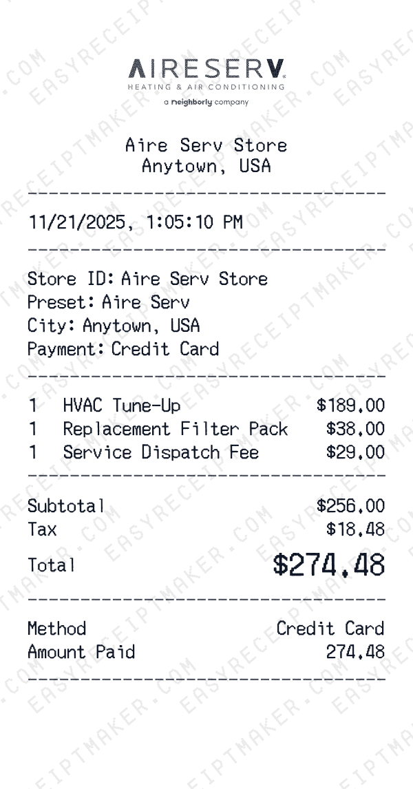 Aire Serv receipt preview