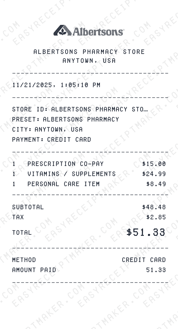 Albertsons Pharmacy receipt preview