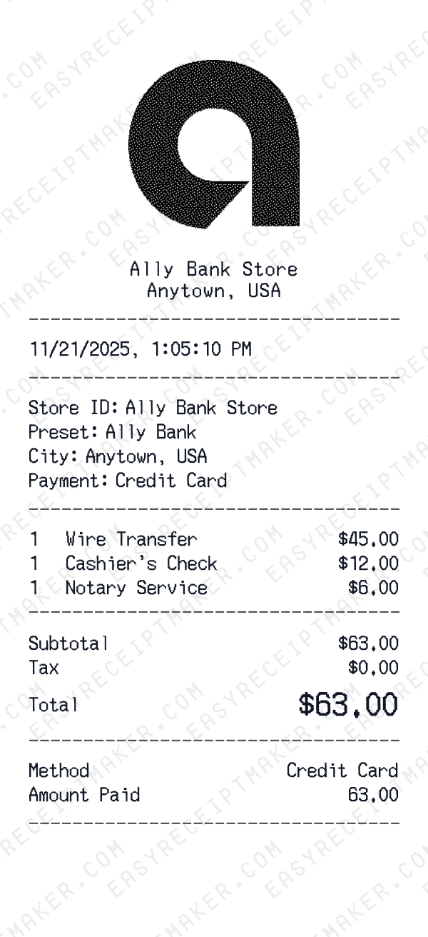Ally Bank receipt preview