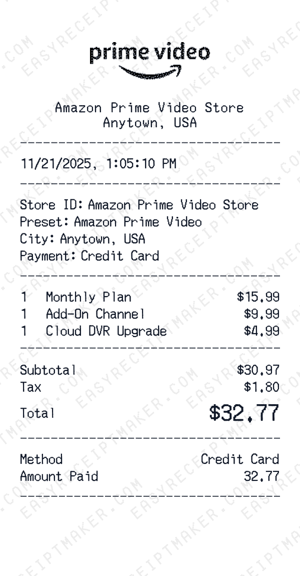 Amazon Prime Video receipt preview