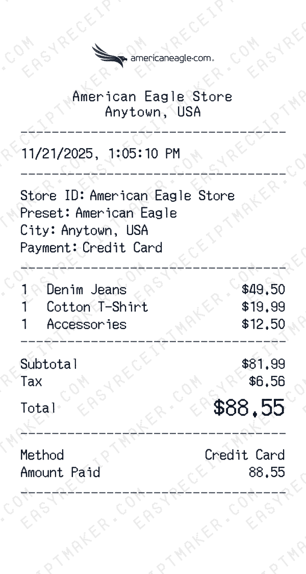 American Eagle receipt preview