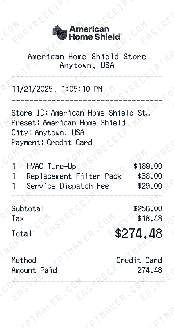 American Home Shield receipt preview
