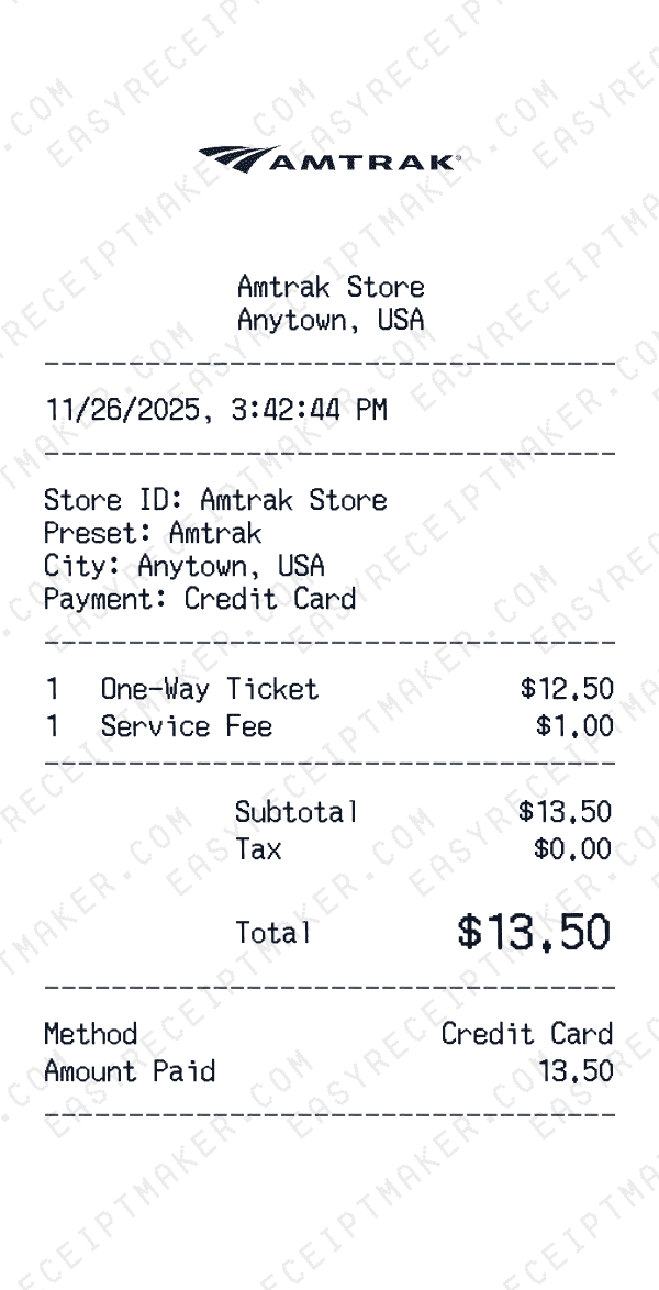 Amtrak receipt preview