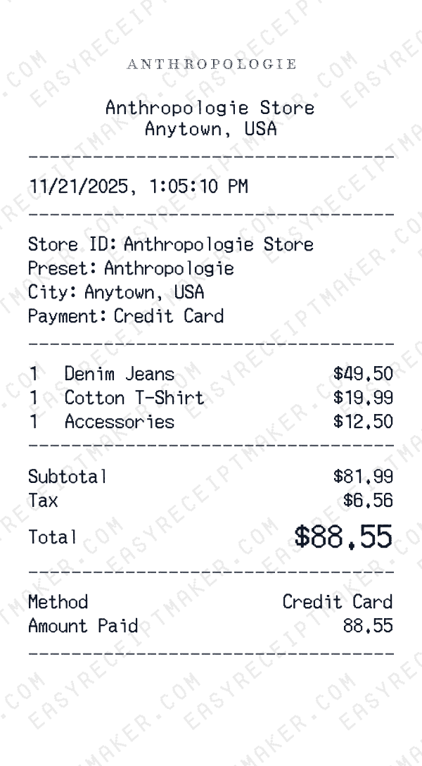 Anthropologie receipt preview