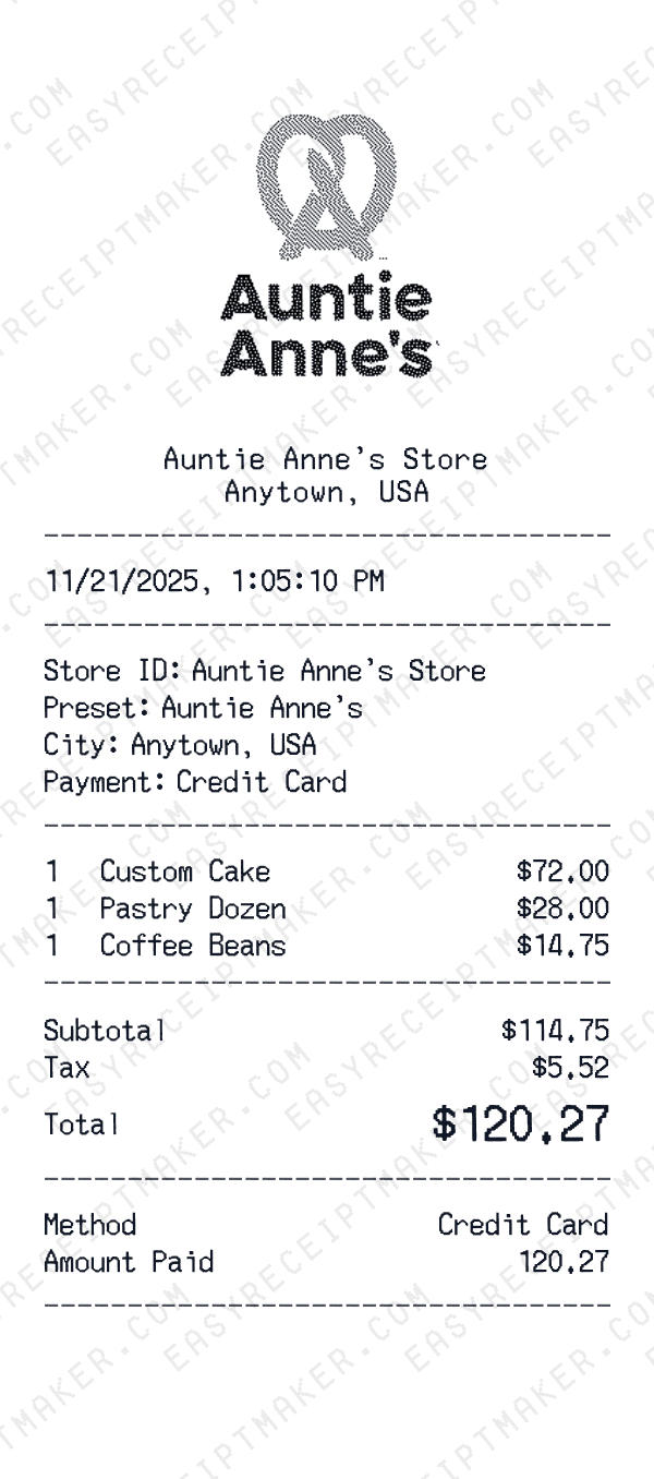 Auntie Anne's receipt preview