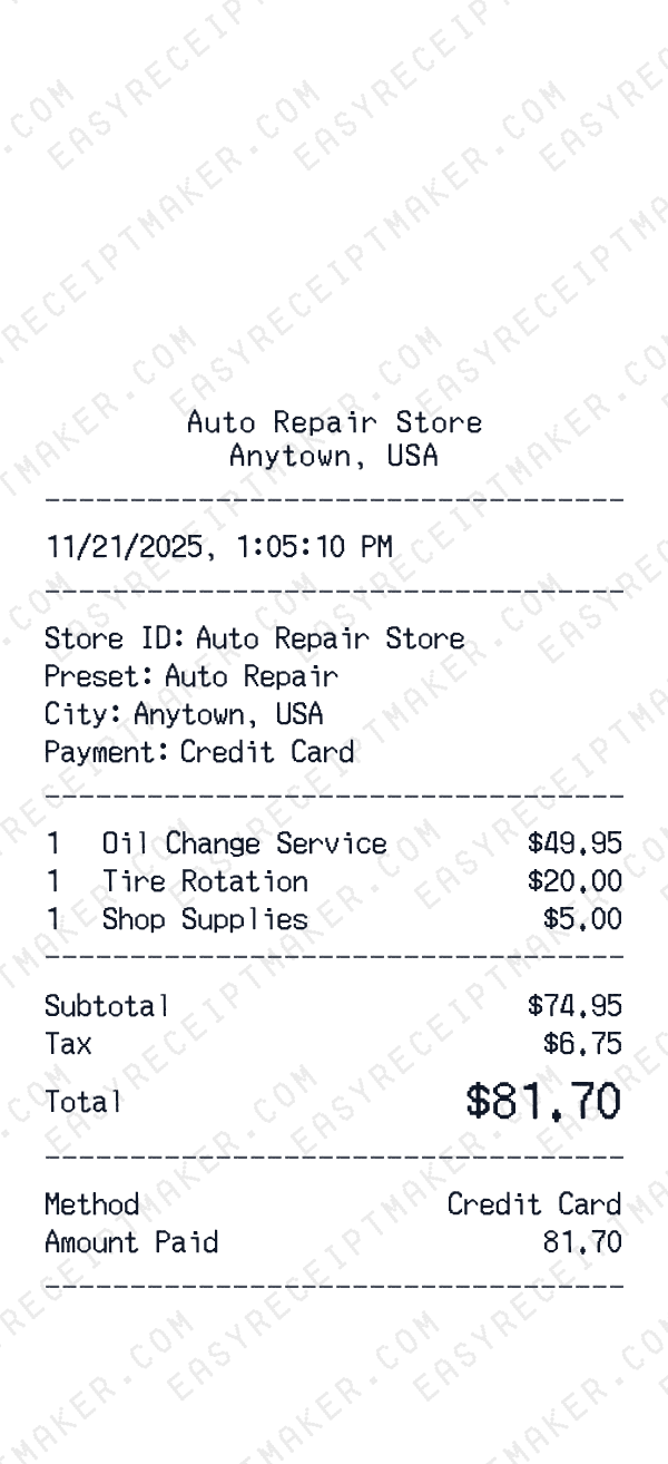 Auto Repair receipt preview