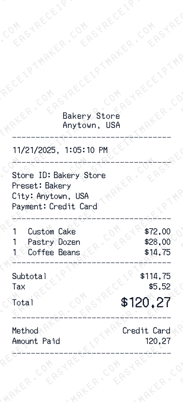 Bakery receipt preview