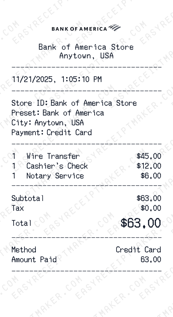 Bank of America receipt preview