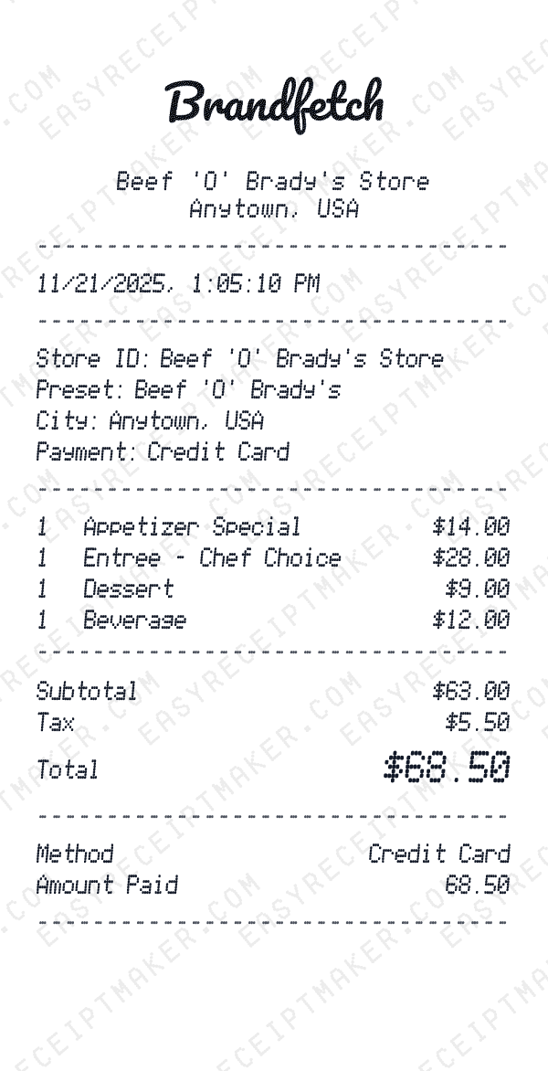 Beef 'O' Brady's receipt preview