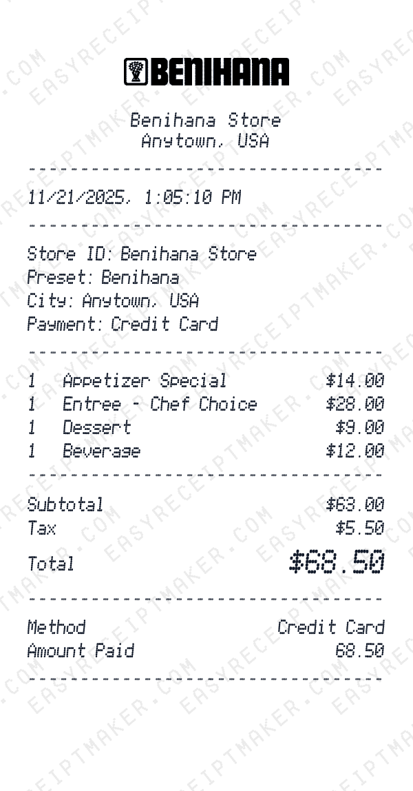 Benihana receipt preview