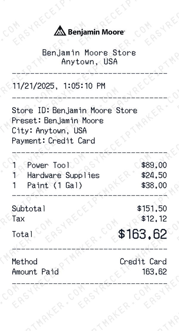 Benjamin Moore receipt preview