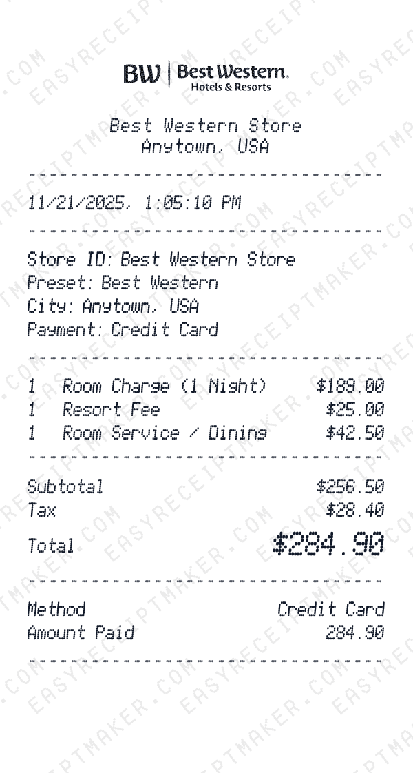 Best Western receipt preview