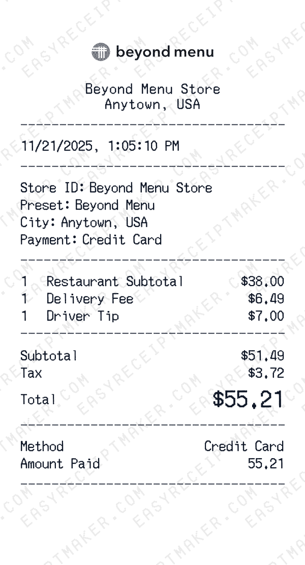 Beyond Menu receipt preview