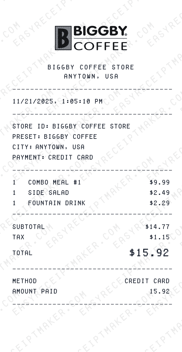 Biggby Coffee receipt preview