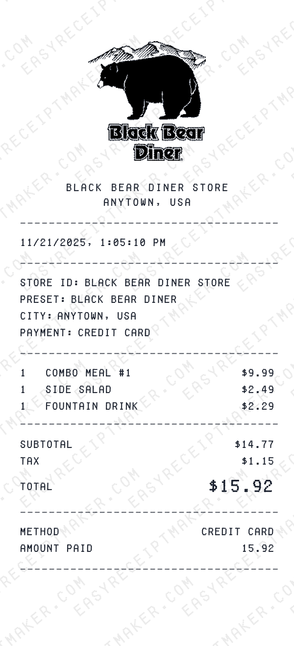 Black Bear Diner receipt preview