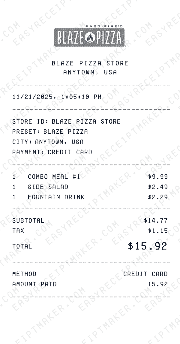 Blaze Pizza receipt preview