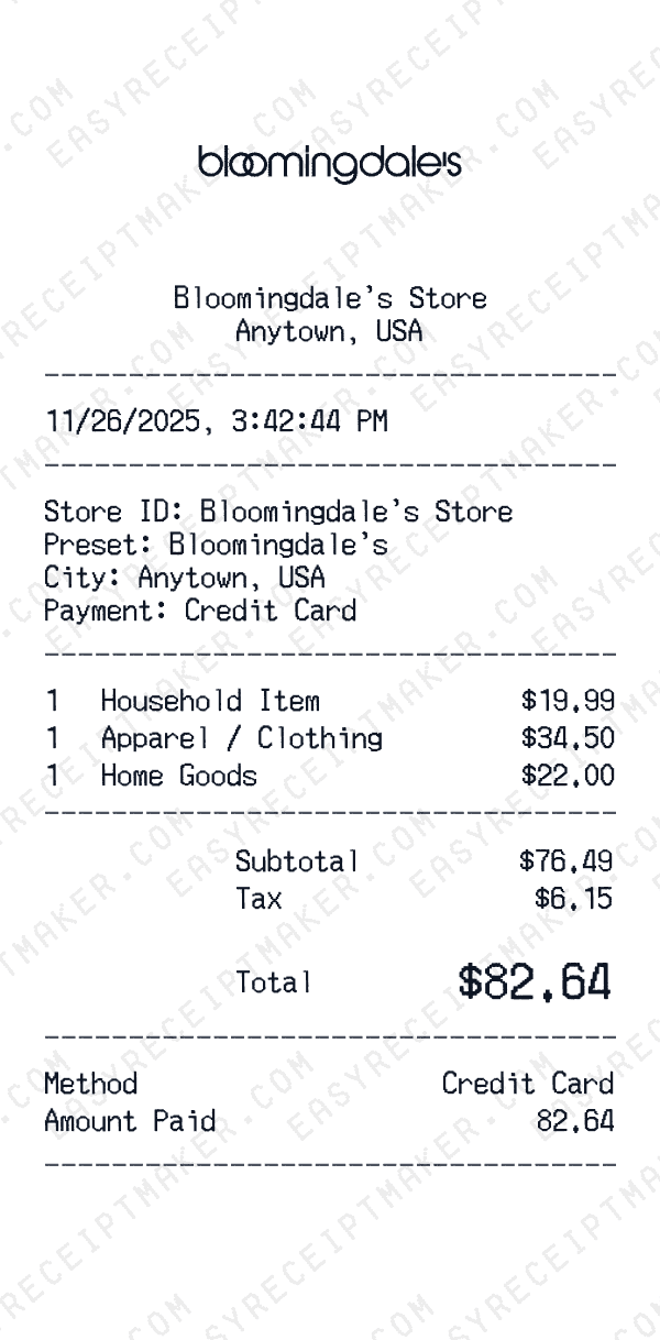 Bloomingdale's receipt preview
