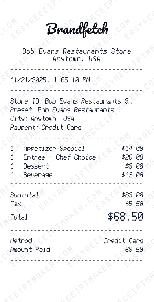 Bob Evans Restaurants receipt preview