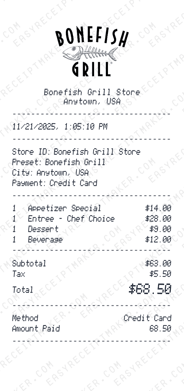 Bonefish Grill receipt preview
