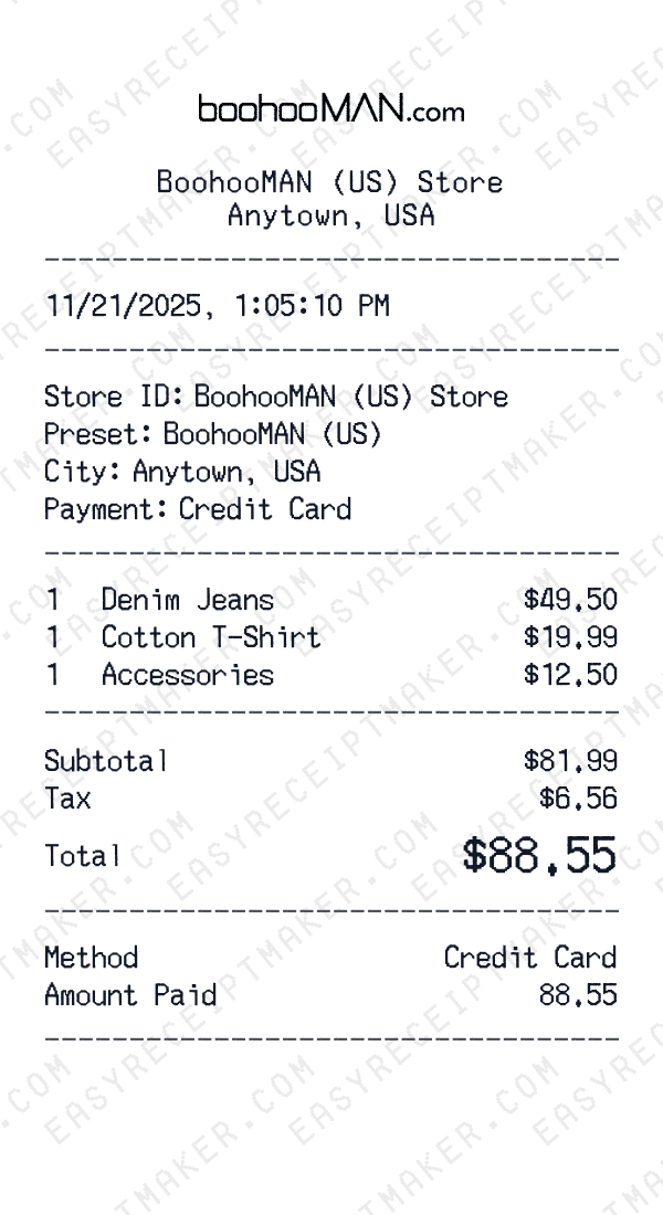 BoohooMAN (US) receipt preview