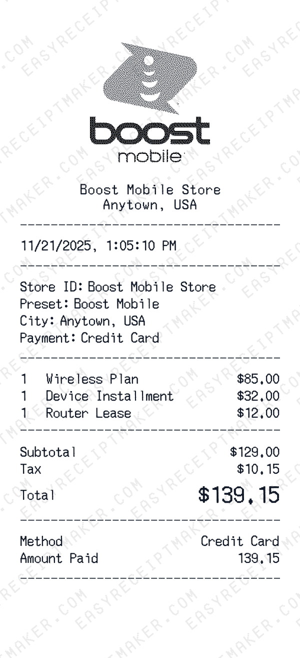 Boost Mobile receipt preview