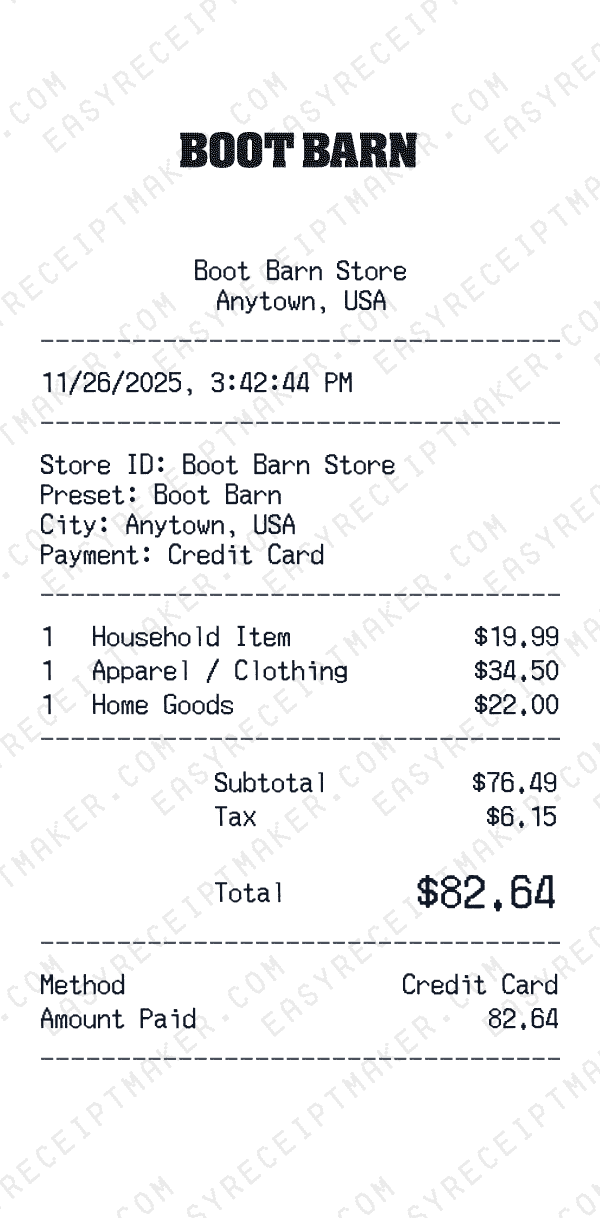 Boot Barn receipt preview