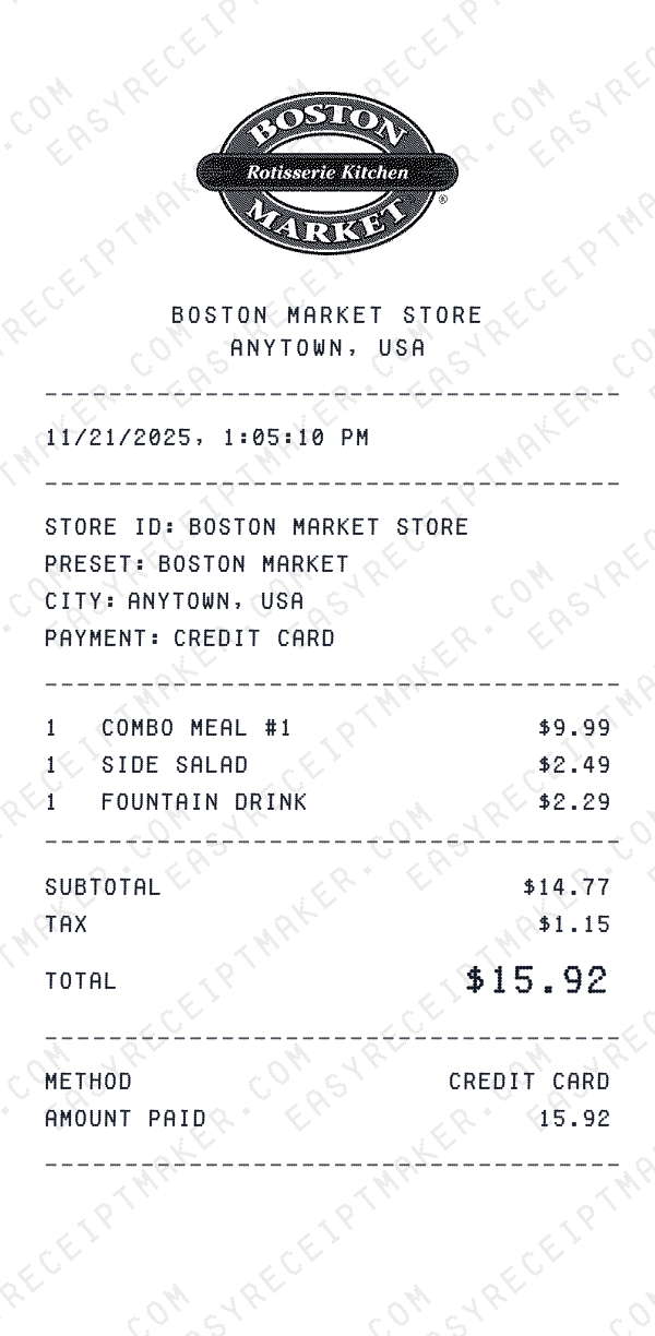 Boston Market receipt preview