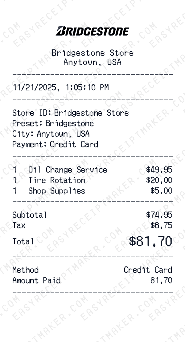 Bridgestone receipt preview