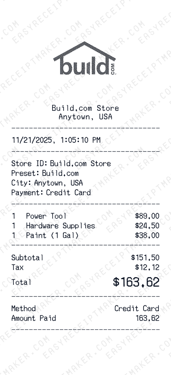 Build.com receipt preview