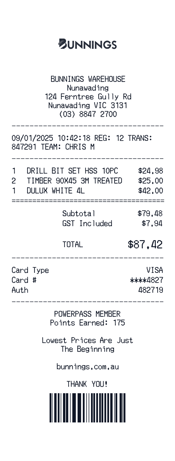 Bunnings Warehouse Receipt Bunnings Warehouse receipt template example