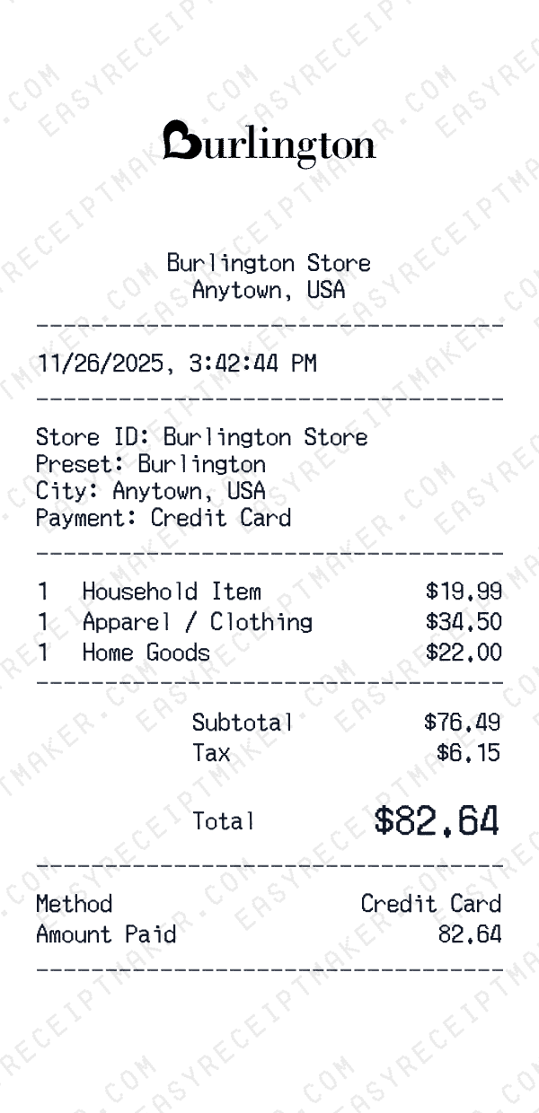 Burlington receipt preview