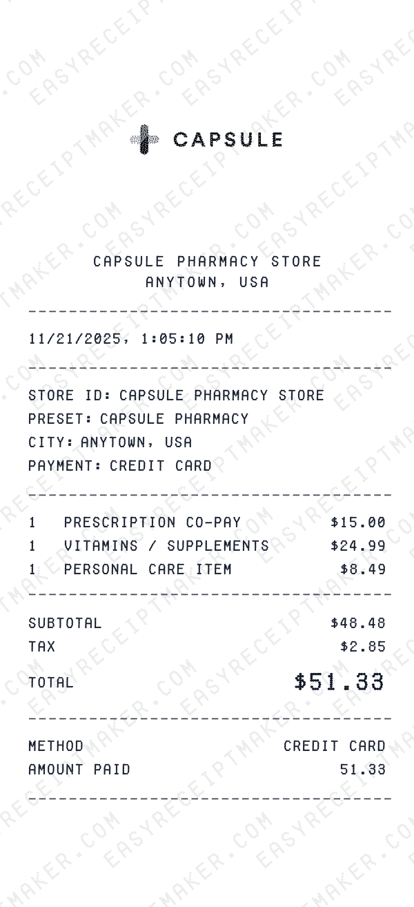Capsule Pharmacy receipt preview