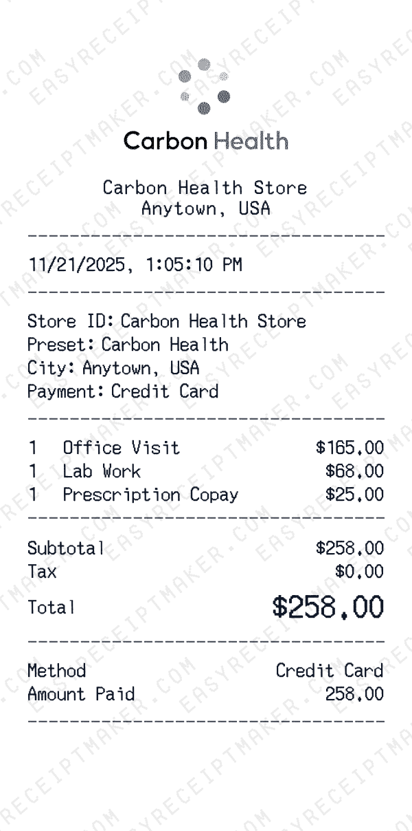 Carbon Health receipt preview