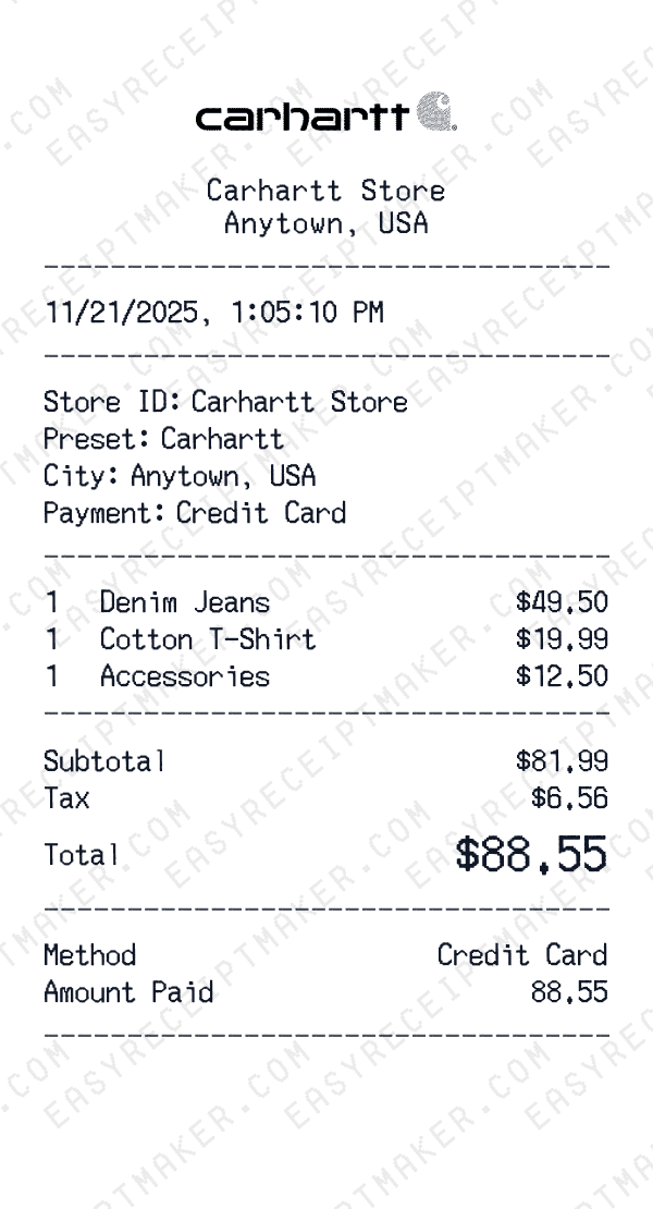 Carhartt receipt preview