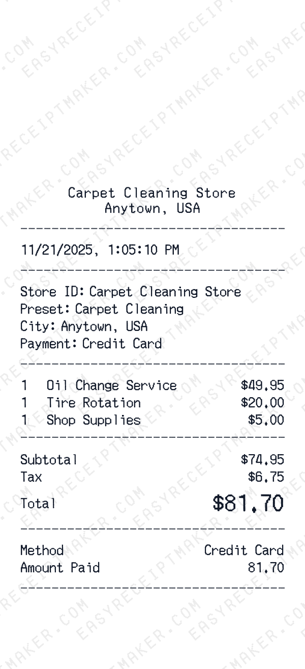 Carpet Cleaning receipt preview