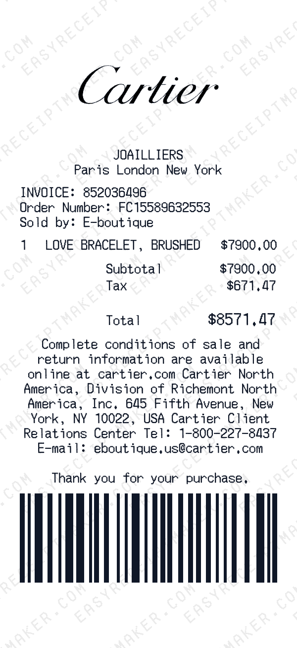 Cartier receipt preview