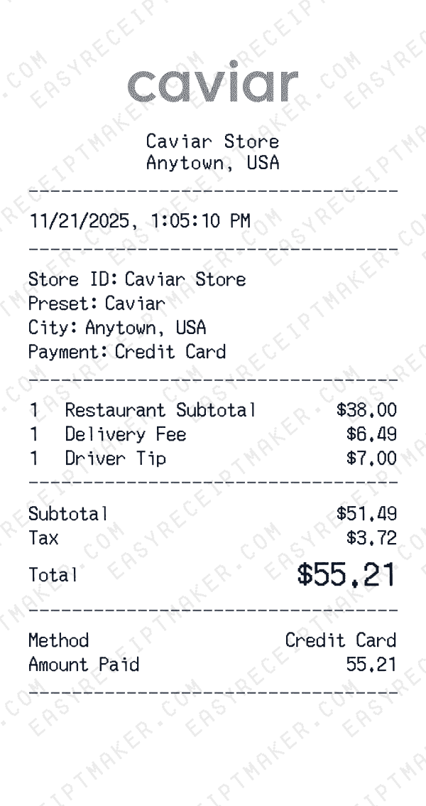 Caviar receipt preview
