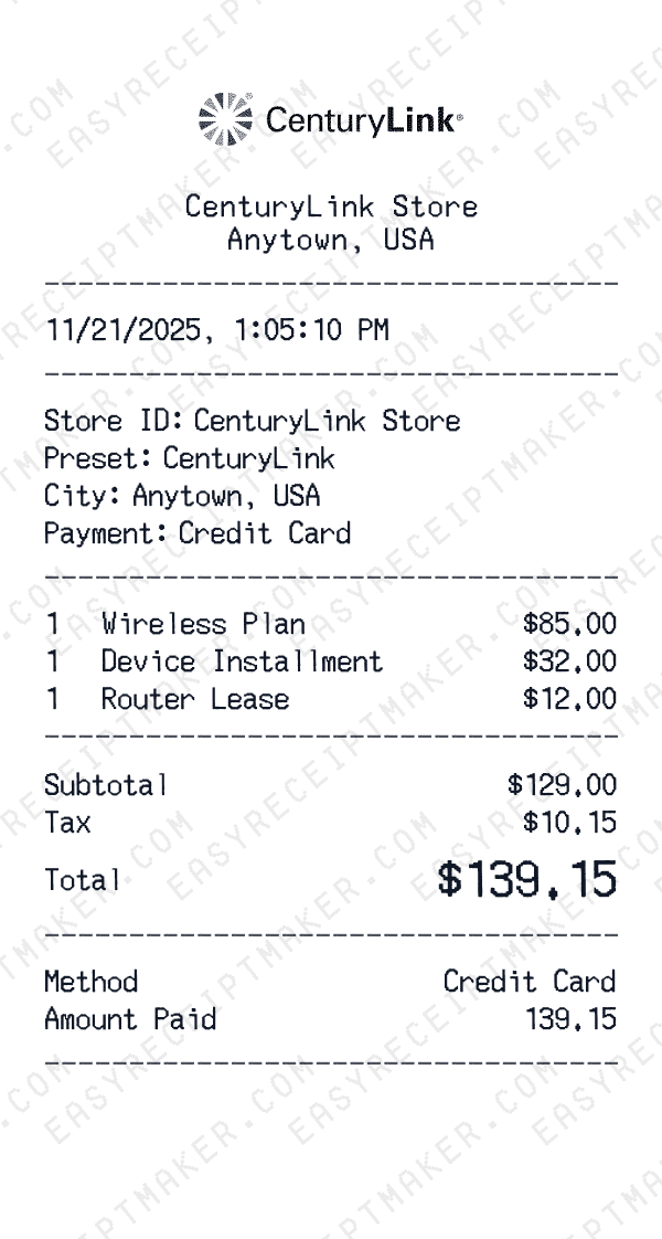 CenturyLink receipt preview