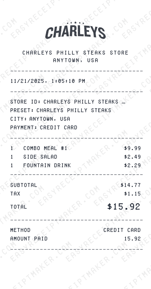Charleys Philly Steaks receipt preview