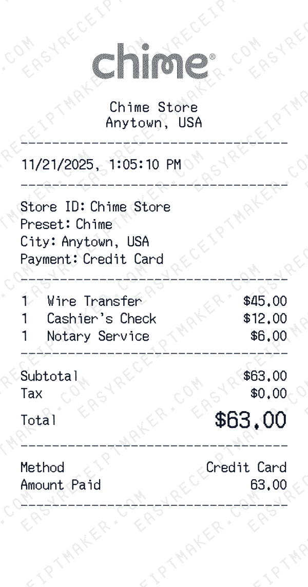 Chime receipt preview