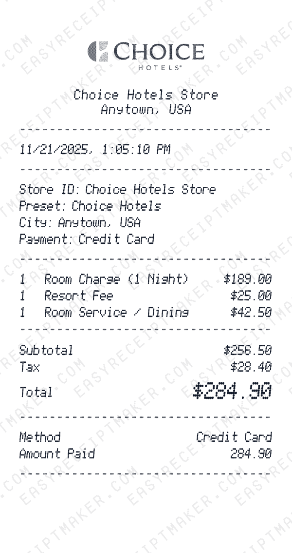 Choice Hotels receipt preview