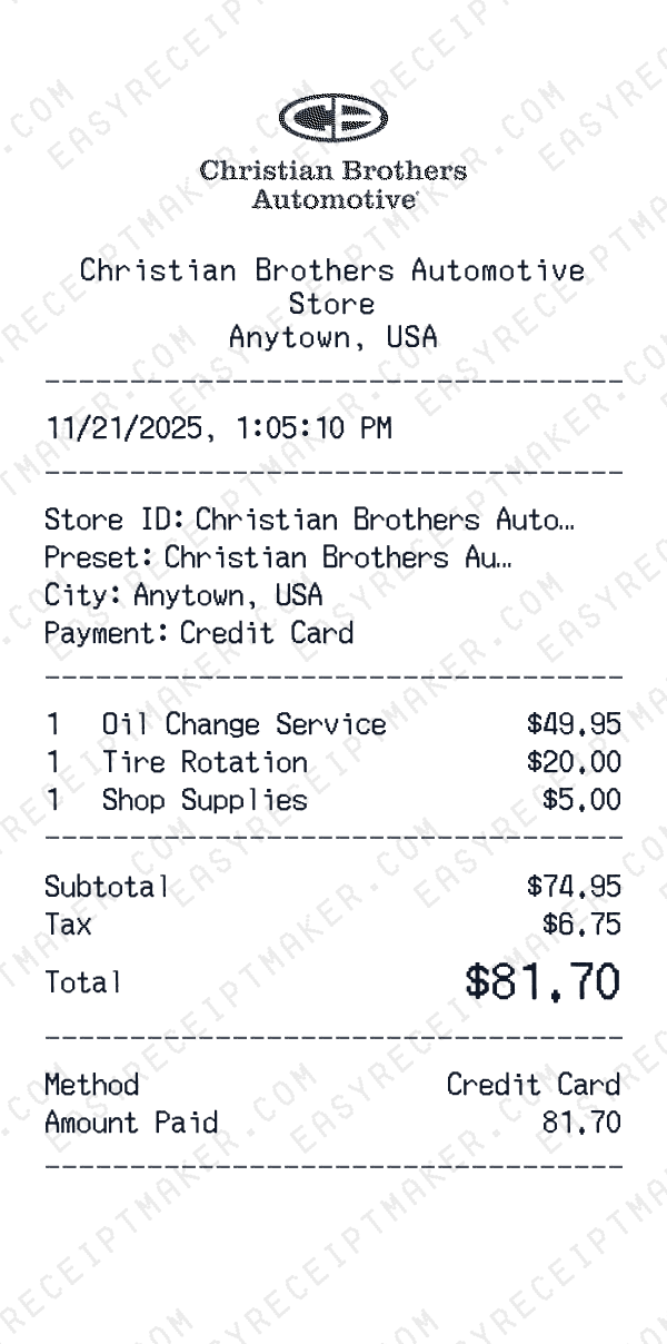 Christian Brothers Automotive receipt preview
