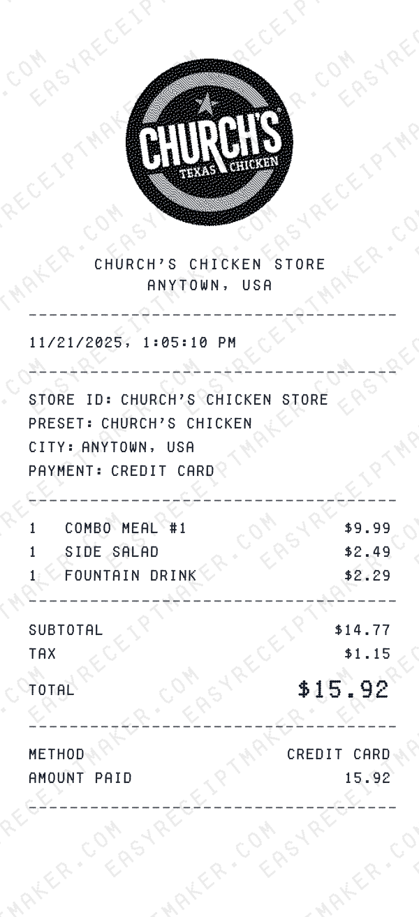 Church's Chicken receipt preview