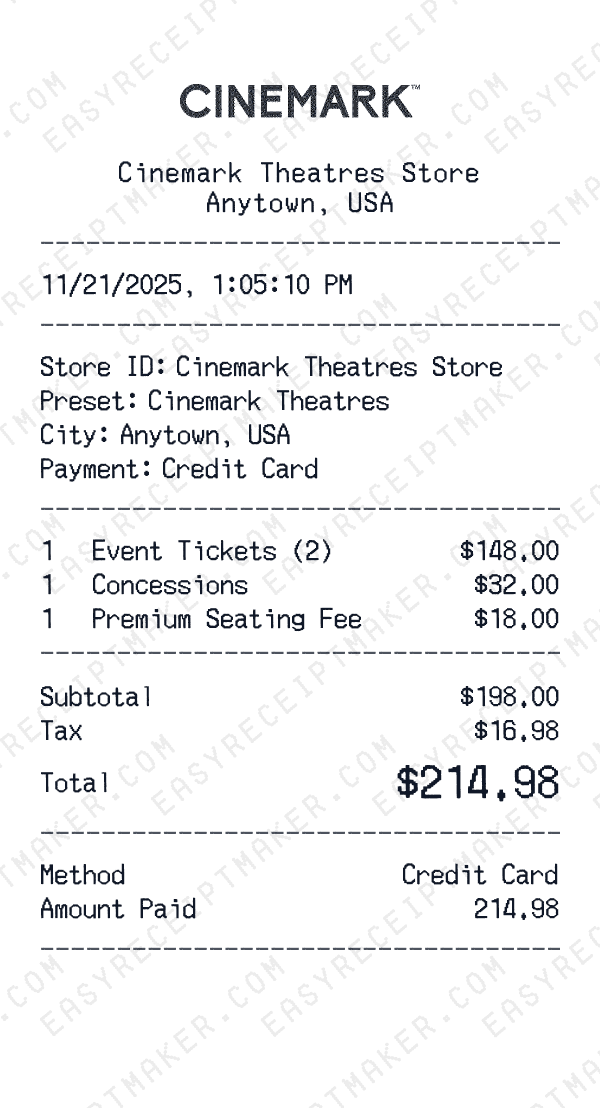 Cinemark Theatres receipt preview