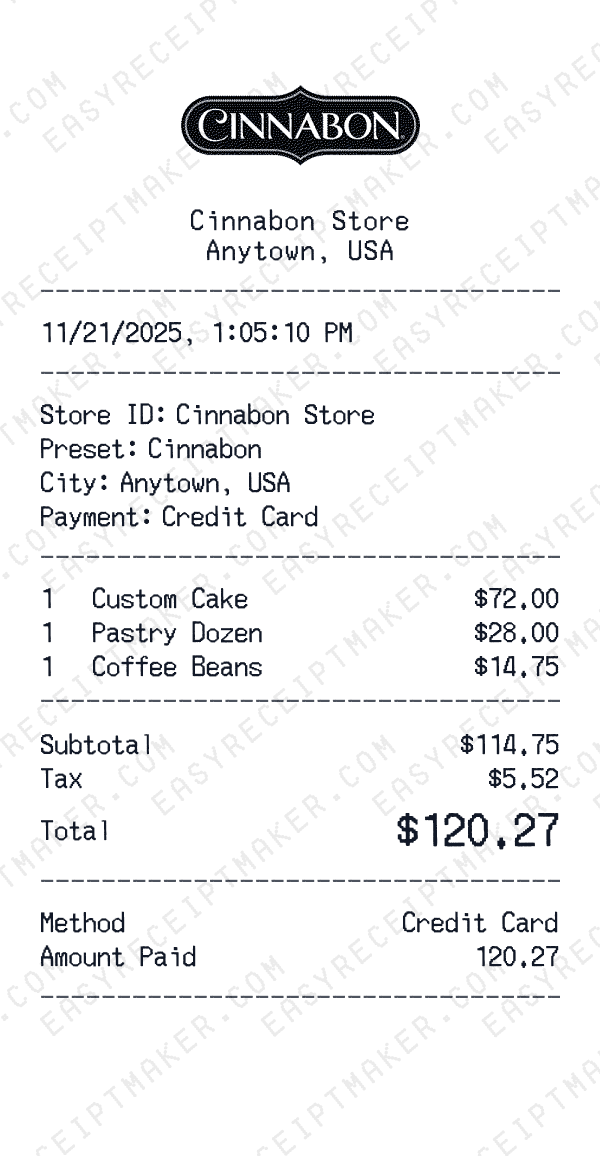 Cinnabon receipt preview